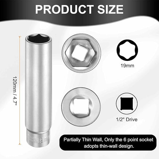 HARFINGTON 2pcs 6 Points Deep Socket 1/2" Drive 19mm Deep Metric CR-V Steel Polished Nickel Plating Flip Sleeve 120mm / 4.7" Extra Long Socket Tool for Home Auto Nuts Bolts Repair