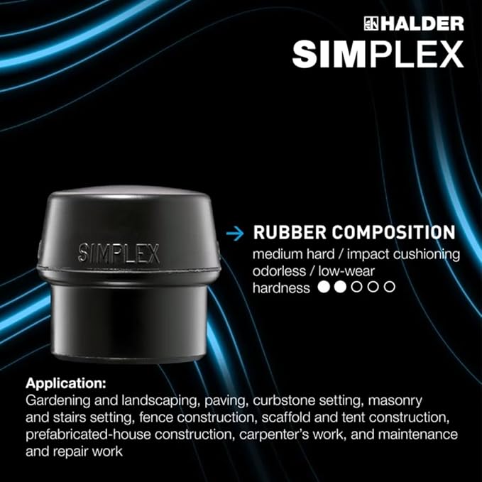 Halder Simplex Soft-Faced Mallet 3028.040 - Medium-Hard Rubber Insert, Hard Nylon Insert, Cast Iron Housing with Handle Protection Sleeve, Varnished Wooden Handle, 40mm, 1.4 lbs.