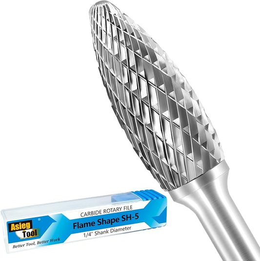 SH-5 Tungsten Carbide Burr Rotary File Flame Shape Double Cut with 1/4''Shank for Die Grinder Drill Bit