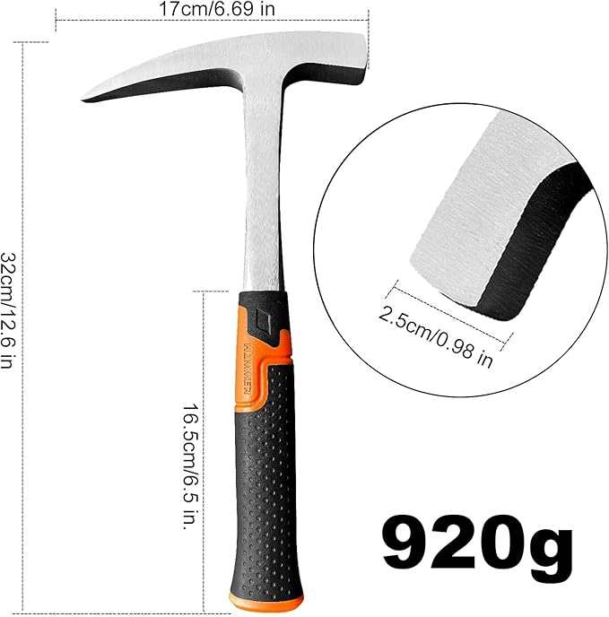 Rock Pick Hammer-31oz Geology Hammer with Ergonomic Handle – Stone Mason Hammer, Block Masonry Hammer with Pointed Tip & Shock Reduction Handle,Brick Tools, Masonry Tools