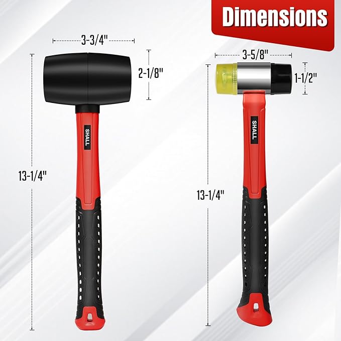 SHALL 2-Piece Rubber Mallet Hammer Set, 16oz Rubber Hammer Mallet & 40mm Double-Faced Soft Mallet, Shockproof Fiberglass Handle with Cushion Grip, Damage-Free to Flooring, Tile, Crafts and Wood Work