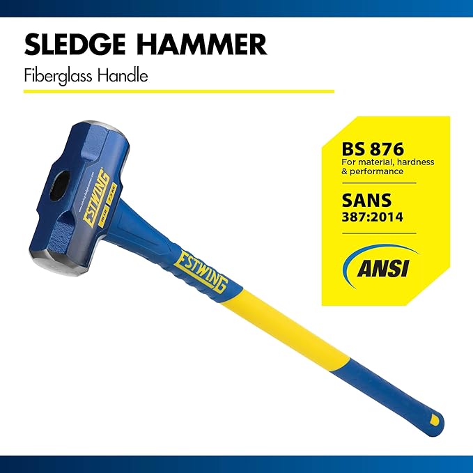 Estwing 16-Pound Hard Face Sledge Hammer for Demolition/Stake Driving, 50-55 HRC, 36-Inch Fiberglass Handle, Overstrike Protection, Textured Grip