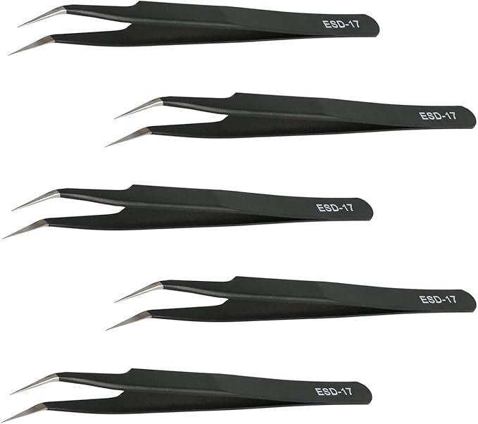 Aoje-Link ESD-17 Professional Anti-Static Precision Technology Tweezers, Non-magnetic Fine Tip Curved, Stainless Steel Plastic Coated, Full Length 125mm, Black, 5pcs
