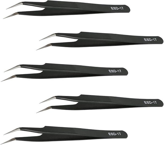 Aoje-Link ESD-17 Professional Anti-Static Precision Technology Tweezers, Non-magnetic Fine Tip Curved, Stainless Steel Plastic Coated, Full Length 125mm, Black, 5pcs