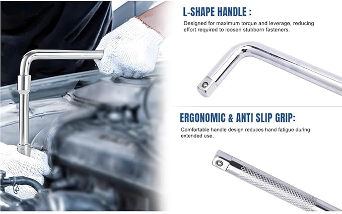 1/2 Drive Length 18 Inch Tool L Handle Socket Wrench, CR-V Heavy-Duty, Socket head lock onto ratchets and torque wrench extensions, Double-end L Shape Extension Bar.