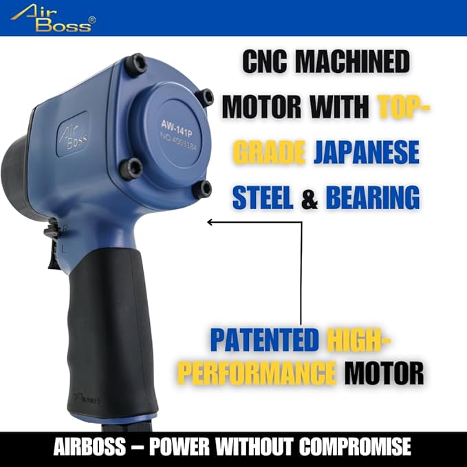 Airboss AW-141P 1/2'' High Torque Air Impact Wrench 1,620 ft-lbs Breakaway Torque, Award Winning, Ultra Performance Design Steel Motor, 5.5lbs Heavy-Duty Automotive and Industrial Applications