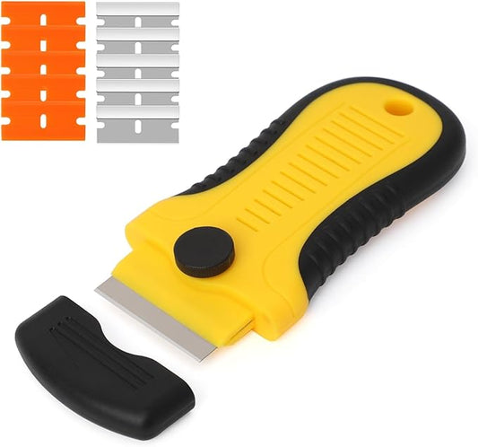 Locking Razor Blade Scraper with Safety Cap Glass Cooktop Scraper with Extra 10 Plastic Razor Blades and 10 Metal Blades for Glass Clean Paint and Old Label Decal Sticker Remover