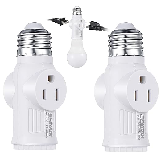 Feekoon 2 Pcs Light Socket to Plug Adapter, Convert E26 Light Socket to 3 Prong Outlet Adapter, Screw in Outlet for Lamp Sockets for Garage Porch (White)