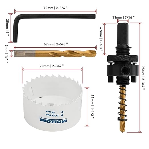 Mollom (70mm | 2-3/4") HSS M42 with 8% Cobalt BI-Metal Hole Saw with 2 Pilot Drill Bits & Arbor Smooth Cutting for PVC,Drywall,Wood,Plastic,Gypsum Board,Rubber