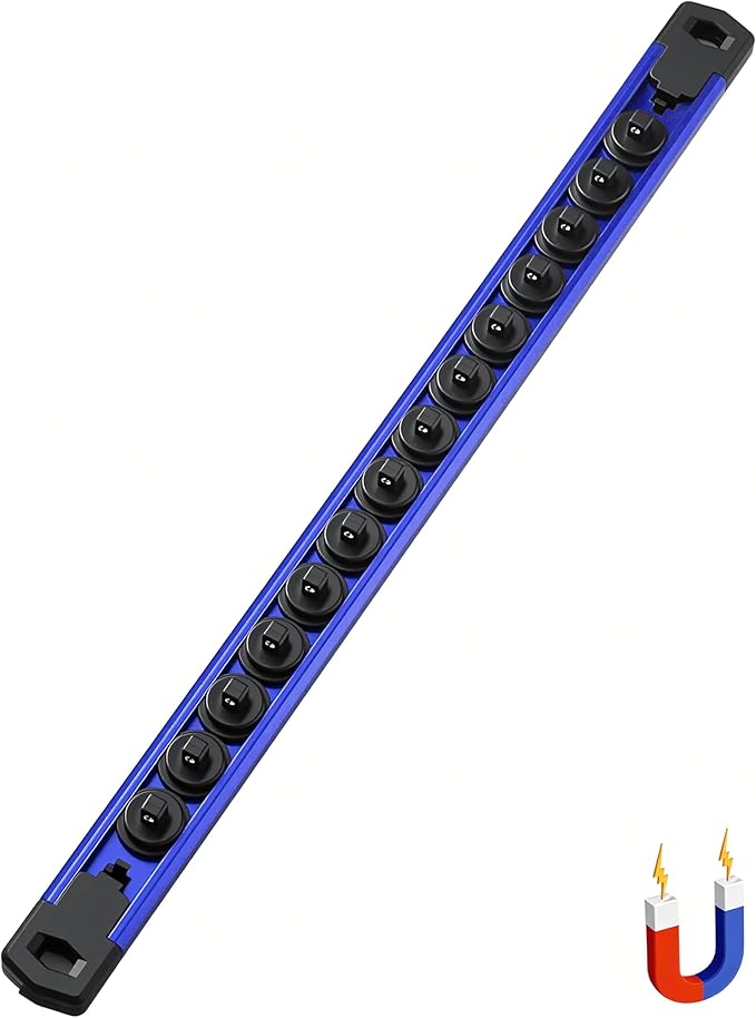 ALOANES 1/4-Inch Drive Magnetic Socket Organizer, Heavy Duty Aluminum Socket Rail Organizer, 360째 Swivel Clips Socket Rail Set For Sockets Storage, 1/4-Inch Socket Holder x 14 Clips (Blue)