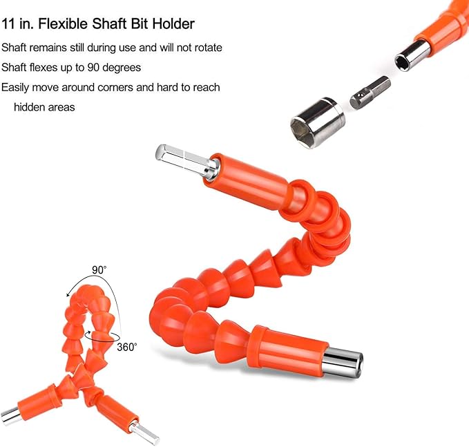 Flexible Drill Bit Extension, 11.6inch Bendable Drill Bit Extension, Universal 1/4 Flexible Extension for Drill Adaptor Hex Set Orange (21 PCS)