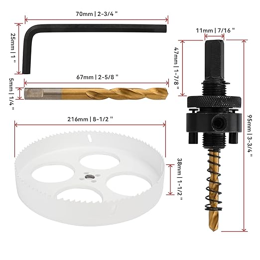 Mollom (216mm | 8-1/2") HSS M42 with 8% Cobalt BI-Metal Hole Saw with 2 Pilot Drill Bits & Arbor Smooth Cutting for PVC,Drywall,Wood,Plastic,Gypsum Board,Rubber
