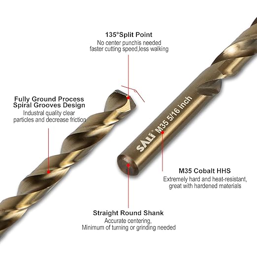 SALI Cobalt Drill Bit Set, 10Pcs 5/16" M35 High Speed Steel Jobber Length Drill Bit Kit for Hardened Metal, Stainless Steel, Cast Iron, Wood and Plastic, with Index Storage Case