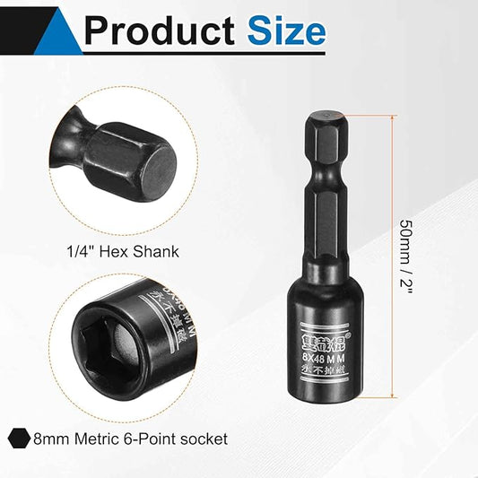 HARFINGTON 3pcs Nut Driver Drill Bit 8mm Metric Socket 1/4" Hex Shank 2" (50mm) Long Magnetic 6-Point Sockets Quick Change CR-V Steel Bolt Setters for Power Drill Drivers
