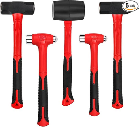C&T 5-Piece Hammer Set, 16oz Ball Peen Hammer | 32oz Ball Peen Hammer | 32oz Rubber Mallet | 3lb Sledge Hammer | 3lb Cross Peen, Fiberglass Handle & Mallet Set