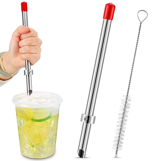 Lasnten 1 Pack Straw Puncher for Plastic Lids Lemonade Cups, Stainless Steel Straw Hole Puncher Punching Tools for Cafe Drinks Deli Container Fresh Squeezed Lemonade Stand Supplies (8.7 Inch,Red)