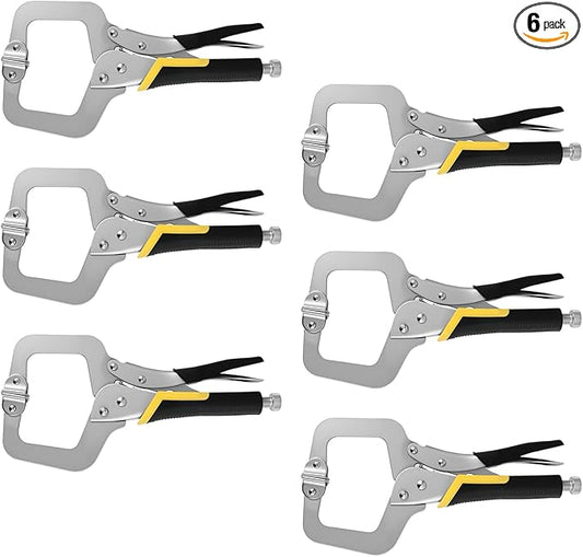 MOUYAT 6 Pack 11 Inch C-Clamp Locking Pliers with Flat Swivel Pads, Vise Grip Clamps Face Welding C Clamp Locking Pliers Set for Woodworking, Building
