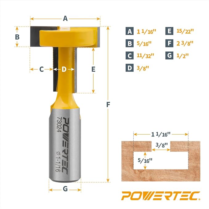 POWERTEC T Track Router Bit, Tungsten Carbide Tipped Router Bit, 1/2" Shank, 1-1/16" Dia., Slatwall, T Slot for Picture Frames, Plaque and Woodworking Projects, 2PK (73024-P2)