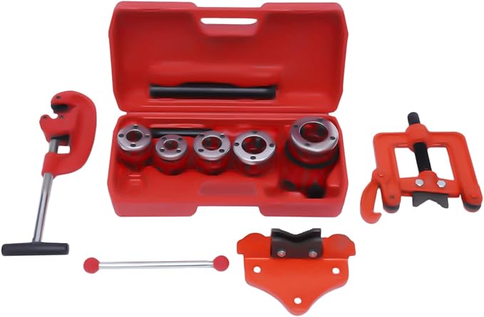 Eapmic BSTP Ratchet Pipe Threader Kit Portable Handheld Manual Pipe Thread Tool Set Ratcheting Pipe Threading Tool with 5 Dies Set 3/8'', 1/2'', 3/4'', 1'', 1-1/4'' + Pipe Cutter + Pipe Vise