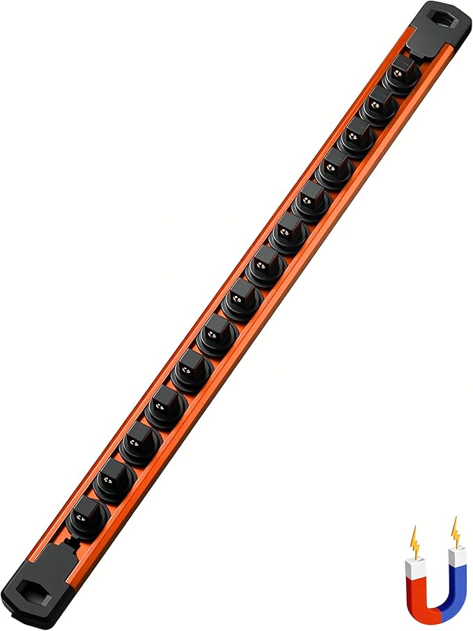 ALOANES 3/8-Inch Drive Magnetic Socket Organizer, Heavy Duty Aluminum Socket Rail Organizer, 360째 Swivel Clips Socket Rail Set For Sockets Storage, 3/8-Inch Socket Holder x 14 Clips (Orange)