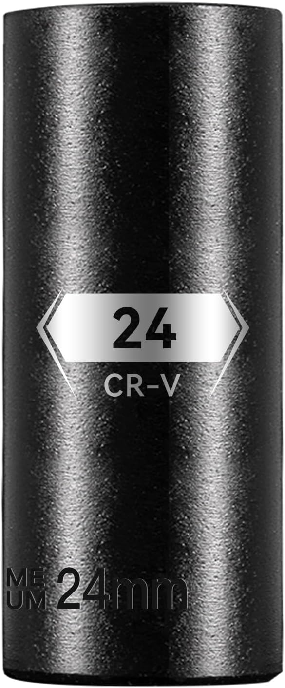 1/2 Inch Drive 6-Point Deep Socket, 24mm Deep Impact Socket, CR-V Steel