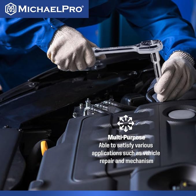 MichaelPro 50-Piece 3/8'' Dr. Socket Set, 90-Tooth Standard & Deep Sockets, SAE 3/8''- 13/16'' & Metric 8-22mm, with Extensions, 8'' Flex Handle, Sliding T-Bar, Universal Joint, CR-V Steel | MP005060