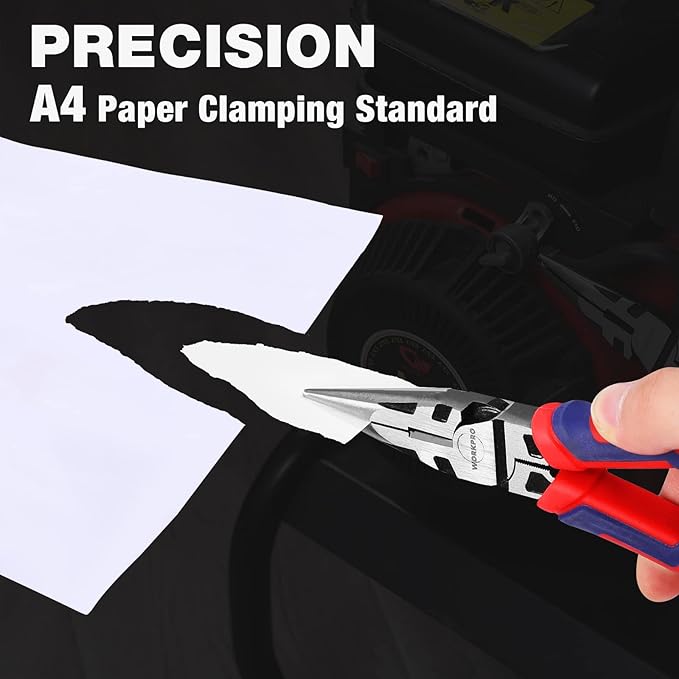 WORKPRO Premium 8??Needle Nose Pliers, Paper Clamp Precision, Heavy-Duty CRV Steel, Large Soft Grip with Wire Cutter, Long Nose Cutting Pliers, W031269