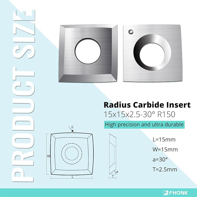 15mm Arc-edge Square Carbide Inserts Cutters, for Woodturning Replacement Cutter Knives, Fits Spiral, Helical Planer Cutter, Wood Lathe Turning Tool, 10-Pack (15x15x2.5-30째 R150)