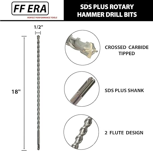 1/2 Inch x 18 Inch SDS Plus Rotary Hammer Drill Bit, Carbide Tipped for Brick, Stone, and Concrete (1/2" x 18")