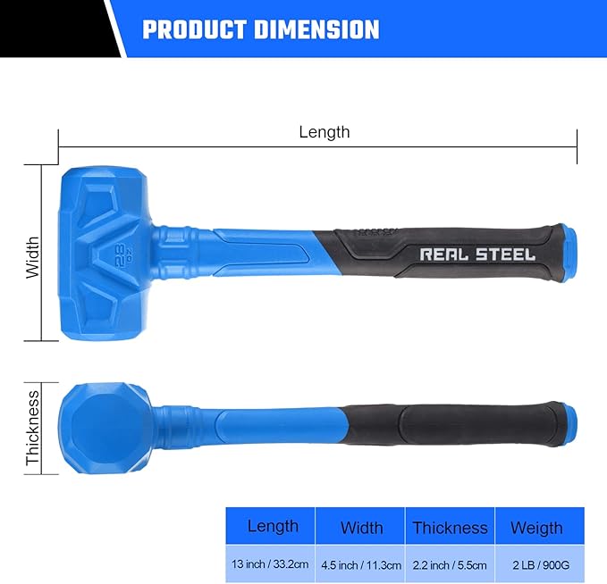 REAL STEEL Dead Blow Hammer 28 Oz Rubber Mallet Non-Marring and Sparking Resistant with Steel Shot-filled Head Ideal for DIY,Automotive,Furniture (0317)