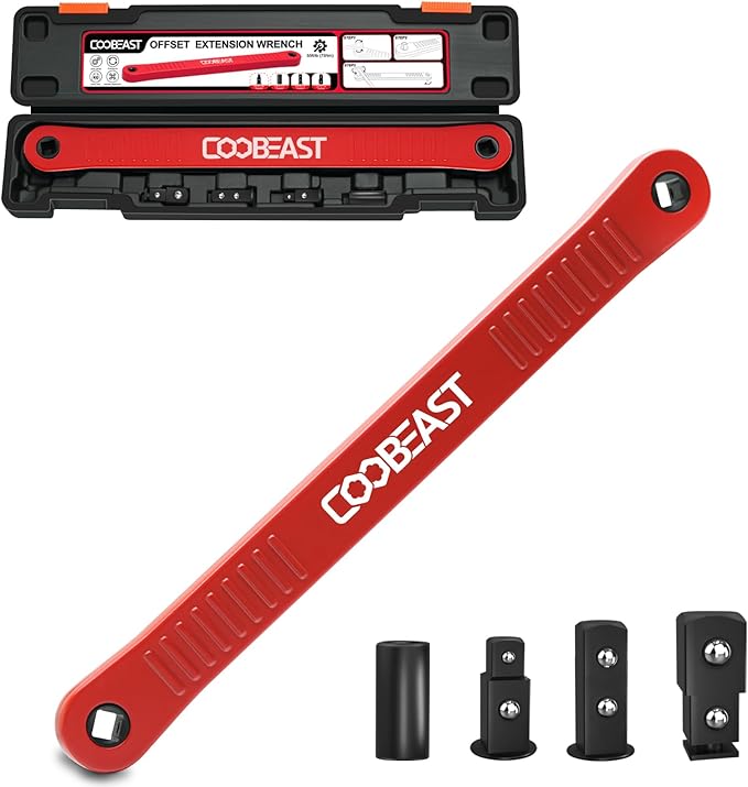 Red Offset Extension Wrench Impact Ready Socket Wrench Extender Tool with Versatile 1/4", 3/8", and 1/2" Square Drive Adapters, Universal Extensions Wrench for Small Place