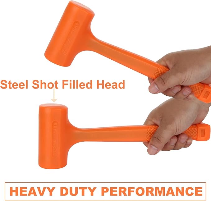 Acrux7 Dead Blow Hammer Set of 2 Pcs 1Lb Neon Rubber Orange Mallet Hammer with Non-Marring Rubber Coating, Dead Blow Ball Peen Hammer, Checkered Grip, Spark and Rebound Resistant