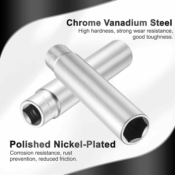 HARFINGTON 6 Points Deep Socket 1/2" Drive 18mm Deep Metric CR-V Steel Polished Nickel Plating Flip Sleeve 120mm / 4.7" Extra Long Socket Tool for Home Auto Nuts Bolts Repair
