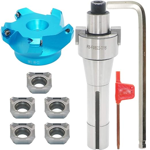 3.15 Inch Face Milling Cutter Aluminum KM12 80MM CNC End Milling Cutter Holder + R8-FMB22 Shank Face Shell Mill Arbor + 5pcs SEHT1204 Carbide Inserts + 8mm Hexagon Wrench + T20 Wrench CNC Machine Tool