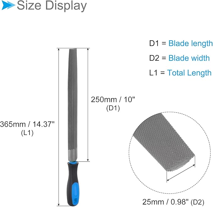 Metal Half-Round File, 10" Blade Length, High Carbon Hardened Steel Cut Mill Hand Rasp with Non-Slip Handle Blue - (Applications: for Wood, Metal, Plastic)