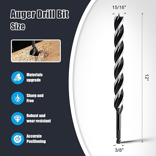 15/16'' x 12'' Auger Drill Bit for Wood, Hex Shank Tri Flute Ship Auger Long Drill Bit for Soft and Hard Wood,Tree Stump,Plastic,Drywall and Composite Materials
