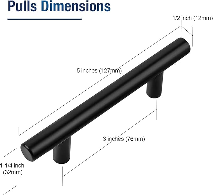 JOY DECOR 60 Pack 5 Inch Cabinet Pulls Kitchen Cabinet Handles with 3 Inch Hole Center Matte Black Cabinet Hardware Stainless Steel Kitchen Drawer Pulls for Cabinets Cupboard, 76mm Hole Centers