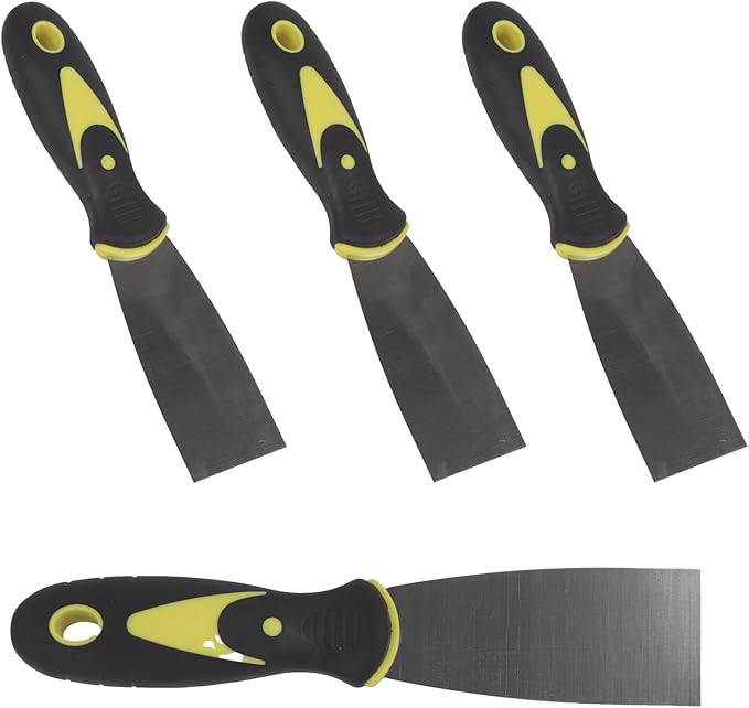 1.5-inch Putty Knife Set, 4-Pack Stainless Steel Putty Scraper with Soft-Grip Drywall Joint Knife Handle, Flexible & Stiff Blade Spackle Tool for Patching, Scraping Paint