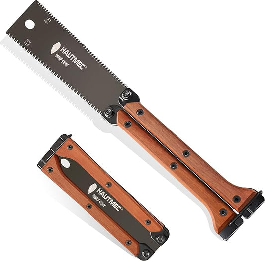 HAUTMEC Folding Japanese Pull Saw, 6-Inch Double-Edged Hand Saw with SK5 Blade (12/17 TPI), Beech Wood Handle & Storage Pouch – Compact Flush Cut Handsaw for Woodworking & Precision Cuts – HT0446