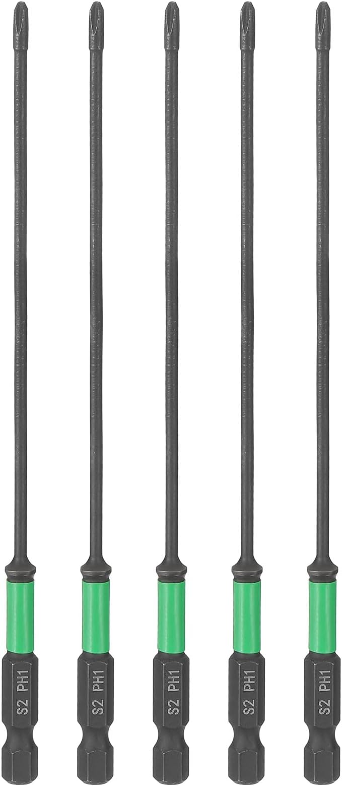 HARFINGTON 5pcs #1 Impact Phillips Screwdriver Bit PH1 1/4" Hex Shank 6" (150mm) Length 0.1" Rod Magnetic Cross Head Drill Bits S2 Steel Industrial Screw Drivers for Impact Power Tools