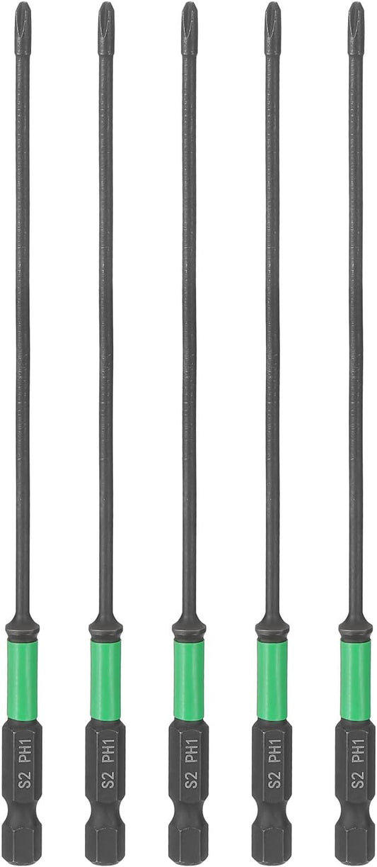 HARFINGTON 5pcs #1 Impact Phillips Screwdriver Bit PH1 1/4" Hex Shank 6" (150mm) Length 0.1" Rod Magnetic Cross Head Drill Bits S2 Steel Industrial Screw Drivers for Impact Power Tools
