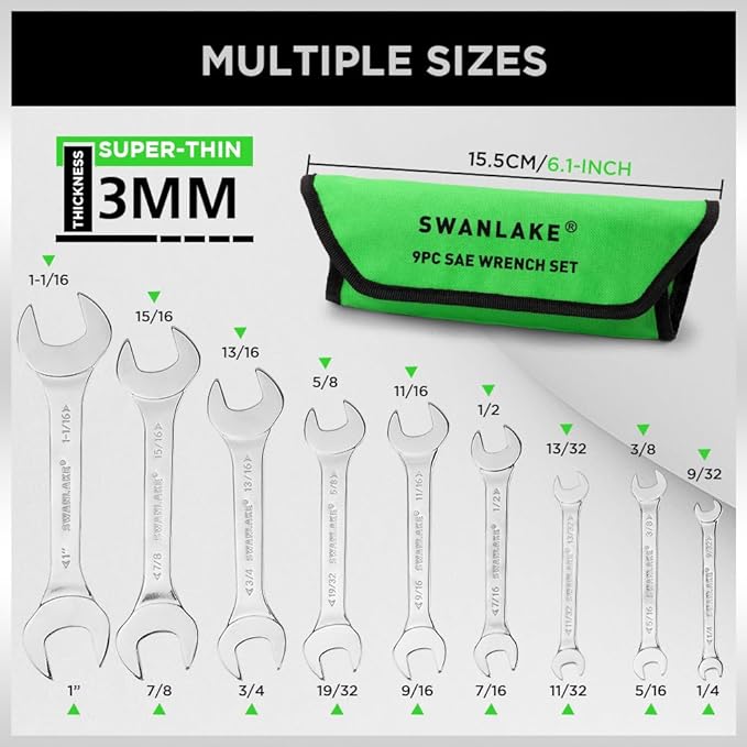 SWANLAKE 19Pcs Super-Thin Open End Wrench Set with Rolling Pouch, Carbon Steel SAE & Metric, 1/4" to 1-1/16" and 5.5mm to 27mm Slim Spanner Wrench Set (19pcs METRIC & SAE)