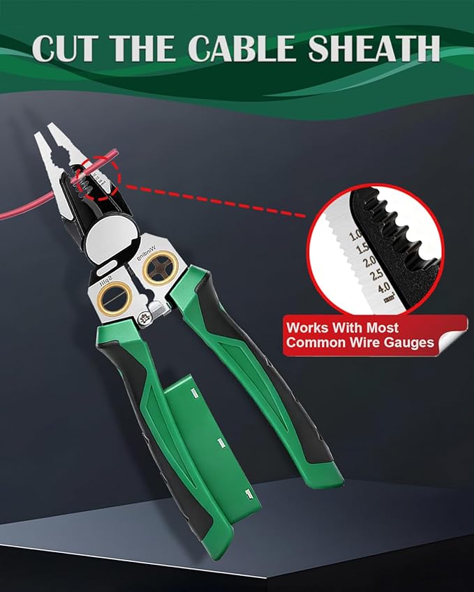 Chicat 8-in-1 Wire Stripper with Voltage Tester,Multi-function Electric Pliers,Professional Wire Cutter & 12V-250V AC/DC Neutral Tester,Electrician Tools & DIY Tool (Green)