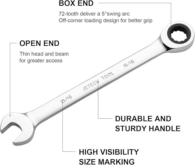 Jetech 15/16 inch Ratcheting Combination Wrench, Industrial Grade Gear Spanner with 12-Point Design, 72-Tooth Ratchet, Forged and Heat-Treated Cr-V Steel, SAE