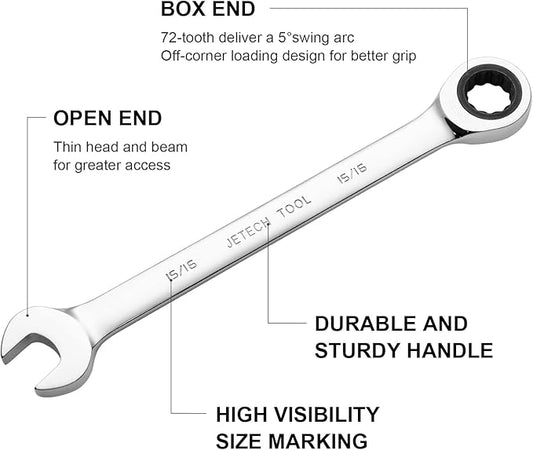 Jetech 15/16 inch Ratcheting Combination Wrench, Industrial Grade Gear Spanner with 12-Point Design, 72-Tooth Ratchet, Forged and Heat-Treated Cr-V Steel, SAE