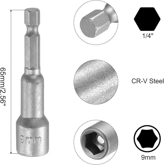 uxcell 9mm Magnetic Hex Socket 65mm/2.56", 1/4" Hex Shank Magnetic Power Nut Driver Set CR-V Quick-Release Extensions for Impact Drill Nut Setters Socket Wrench Screw, 2 Pcs