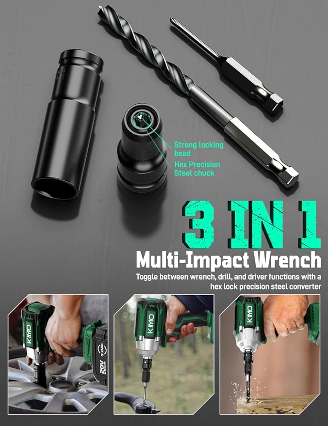 KIMO Impact Wrench 1/2 Cordless, 3000RPM, 9-Piece Drill & Driver Set, 4 Sockets, 406ft-lbs (550N.m) Impact Drill for Car Tires, Safety Lock, 4000mAh Battery, Variable Modes Power Smart Impact Wrench