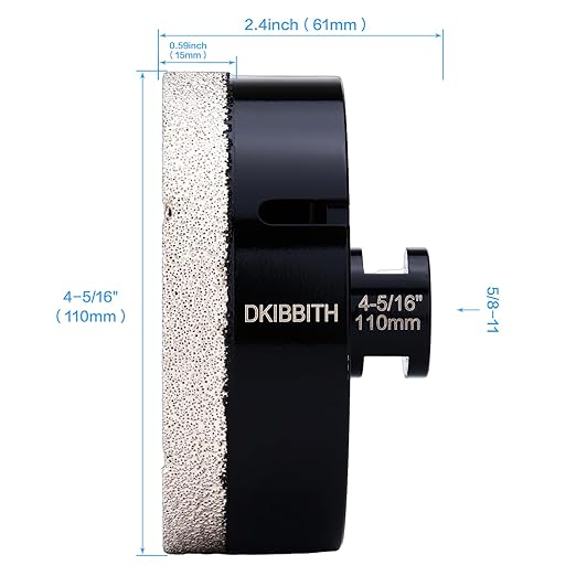 DKIBBITH 4-5/16 in Dry Diamond Core Drill Bit, Tile Hole Saw for Ceramic Porcelain Granite Quartz Marble Tiles Stone Brick Glass Block with 5/8-11 Thread Fit Angle Grinders, 110mm Black