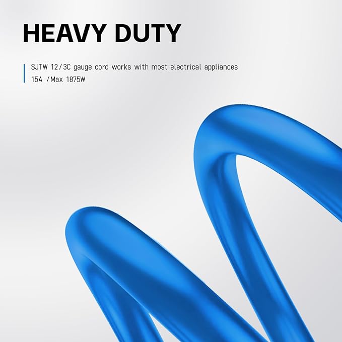 EP 10 Ft Outdoor Extension Cord, 12/3 SJTW Heavy Duty Waterproof Power Cable, 3 Prong Grounded Plug, Lighted End, for Lawn, Garden, Appliances, Blue
