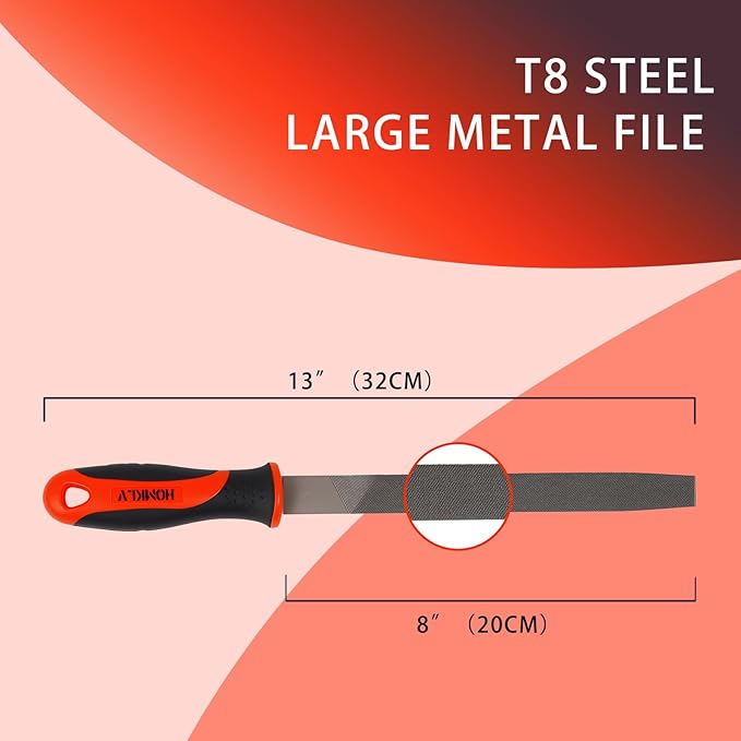 8 Inch Flat Hand File with High Carbon Hardened Steel, Ergonomic Grip, Plastic Non-Slip Handle, Ideal for Metal, Wood, Plastic & DIY Projects